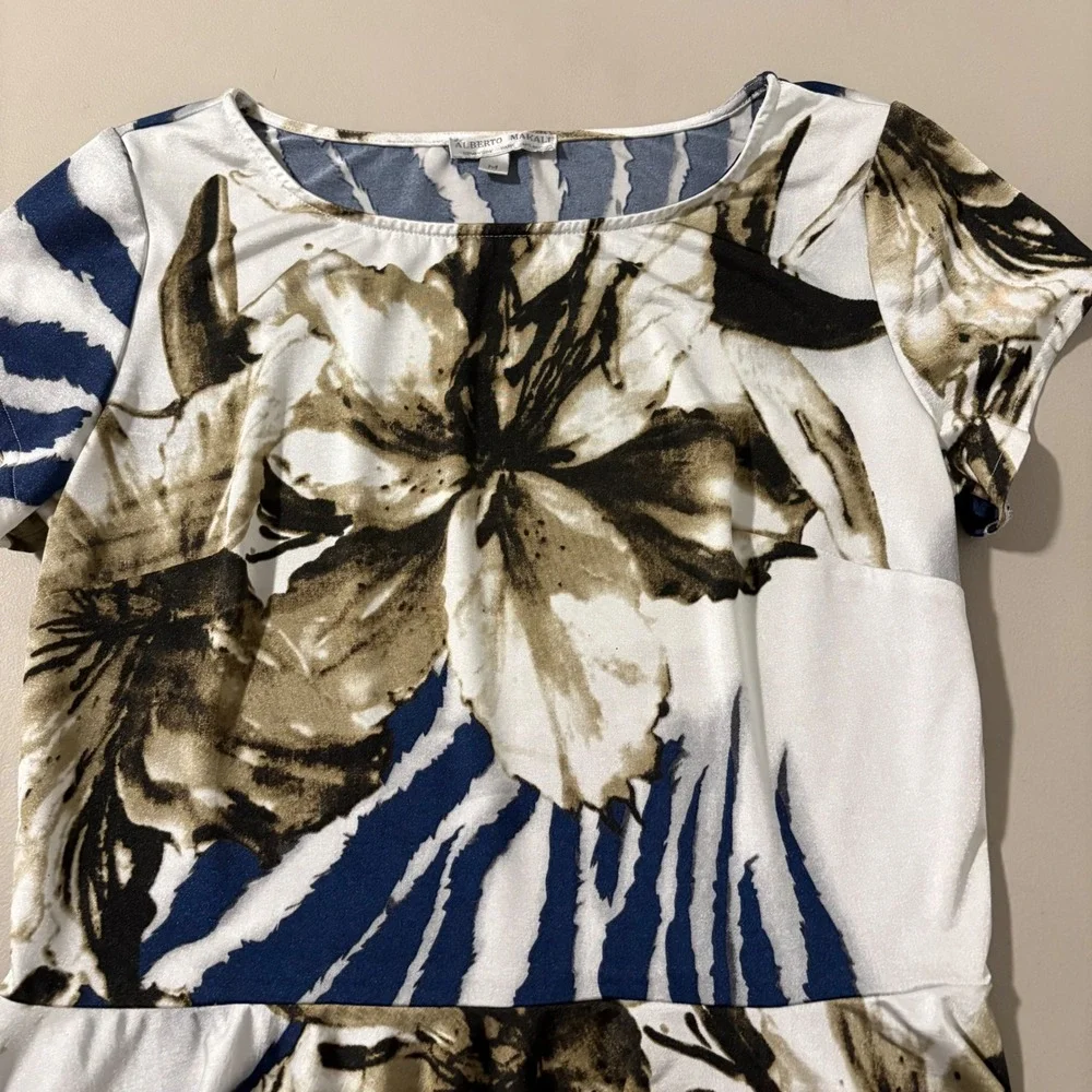 Alberto Makali Floral Zebra Print Peplum Top Short Sleeve Navy Olive White M - Picture 8 of 10
